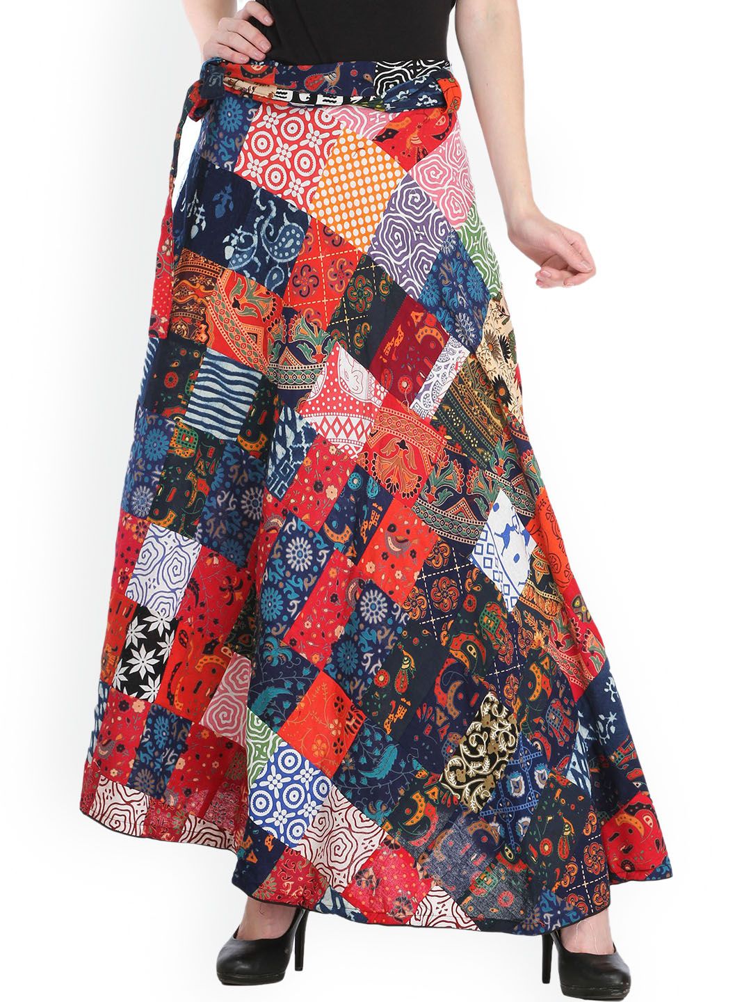 Exotic India Multicolor Pure Cotton Wrap-Around Casual Long Skirt with Printed Patch-Work-picture-11