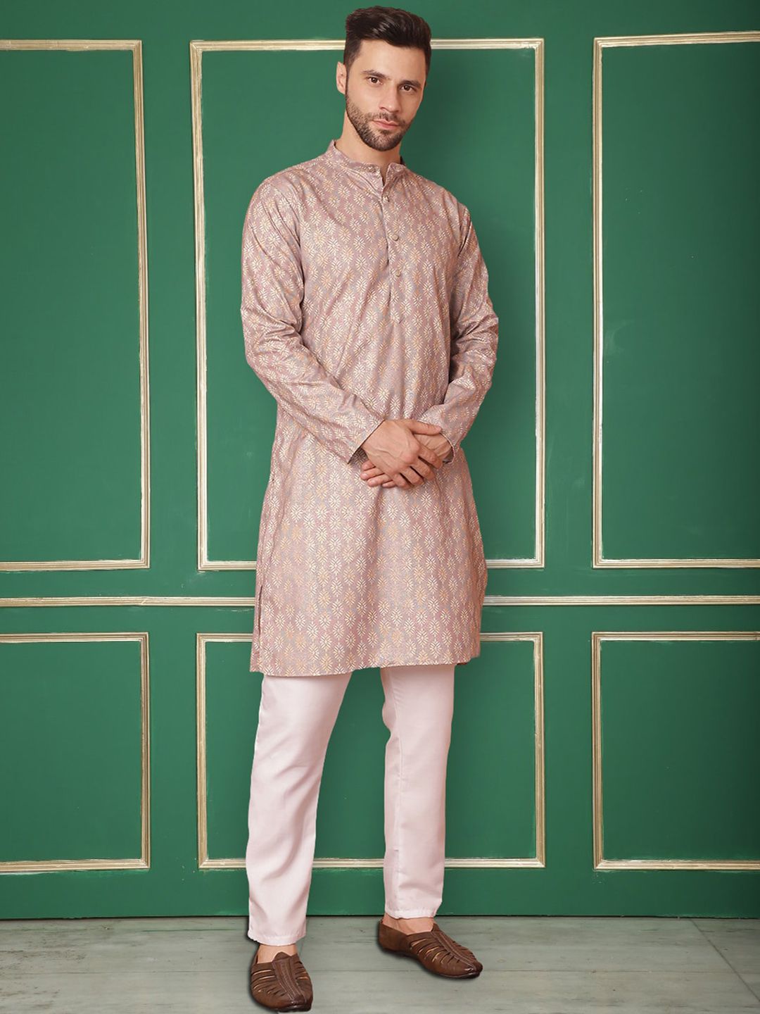 Jompers Floral Embroidered Mandarin Collar Knee Length Straight Kurta With Pyjama-picture-13