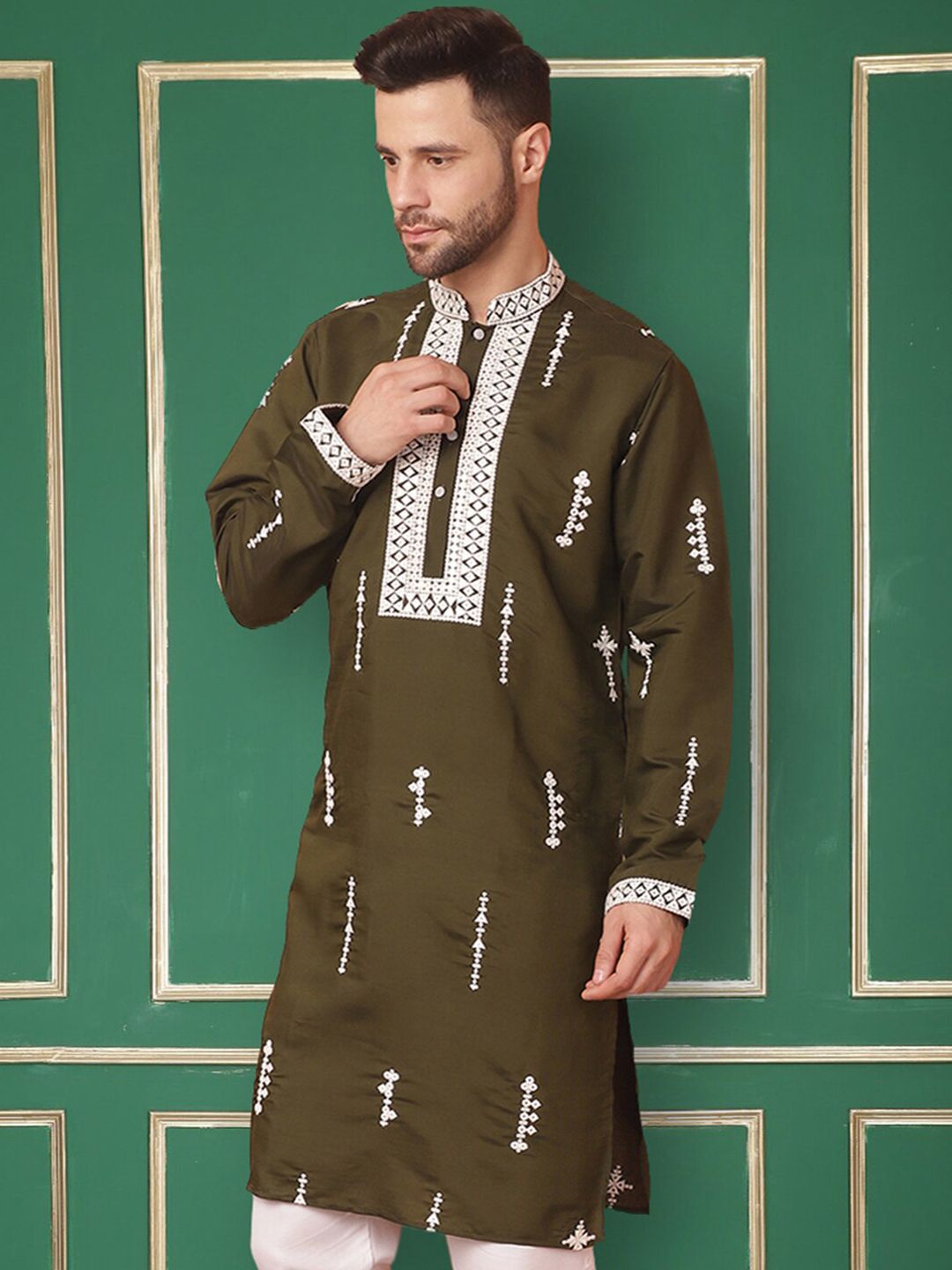 Jompers Chikankari Embroidered Mandarin Collar Cotton Silk Straight Kurta-picture-38