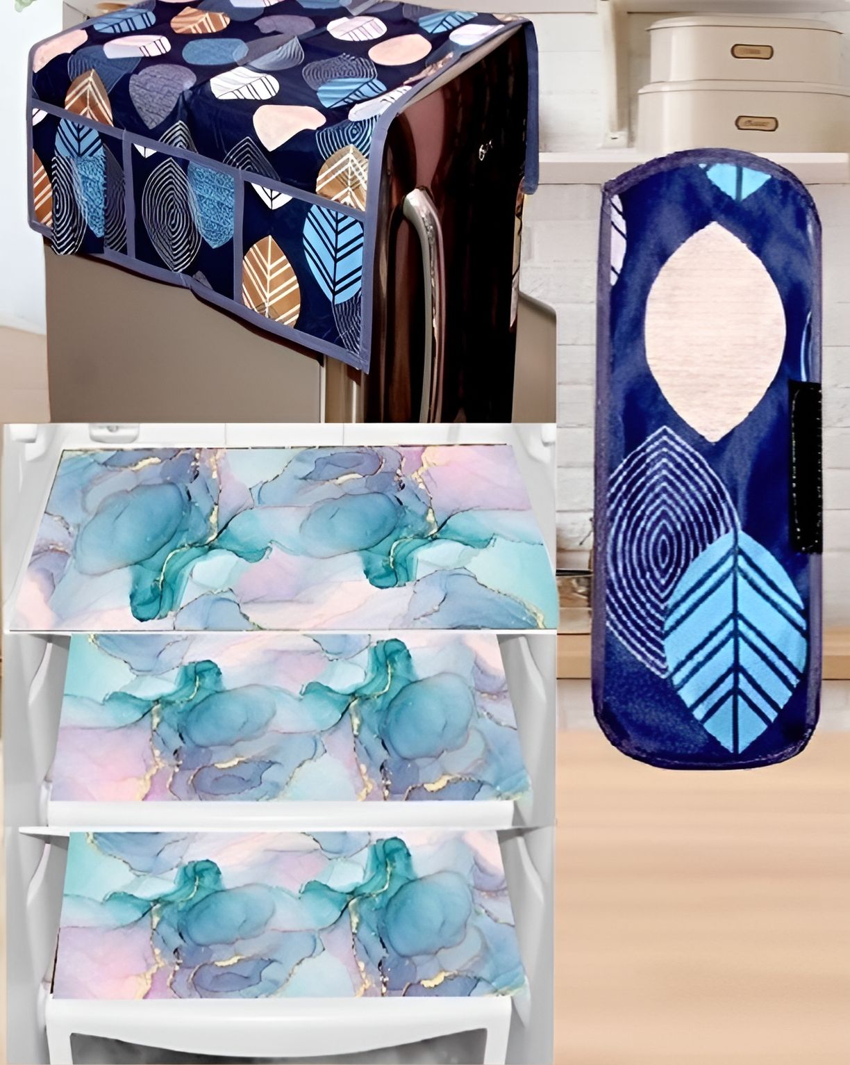 REVEXO Blue & Pink 5 Pieces Printed Fridge Appliance Covers-image-38
