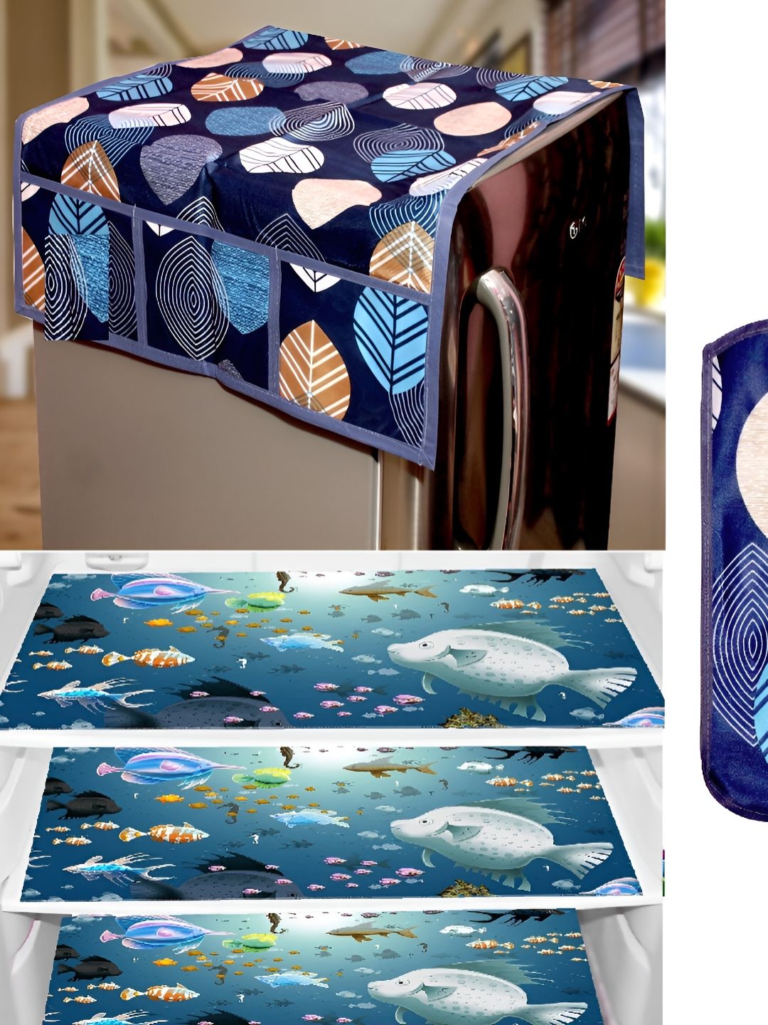 REVEXO Blue 5 Pieces Printed Fridge Top Cover Handle Covers & Mats-image-42
