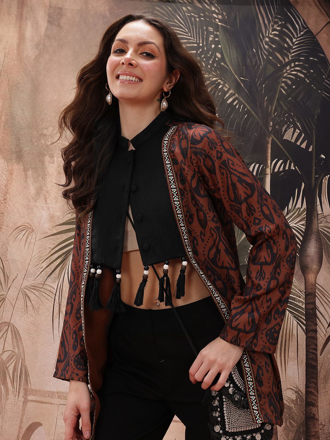 Sangria Ikat-Inspired Longline Tailored Ethnic Jacket With Beaded Tassels