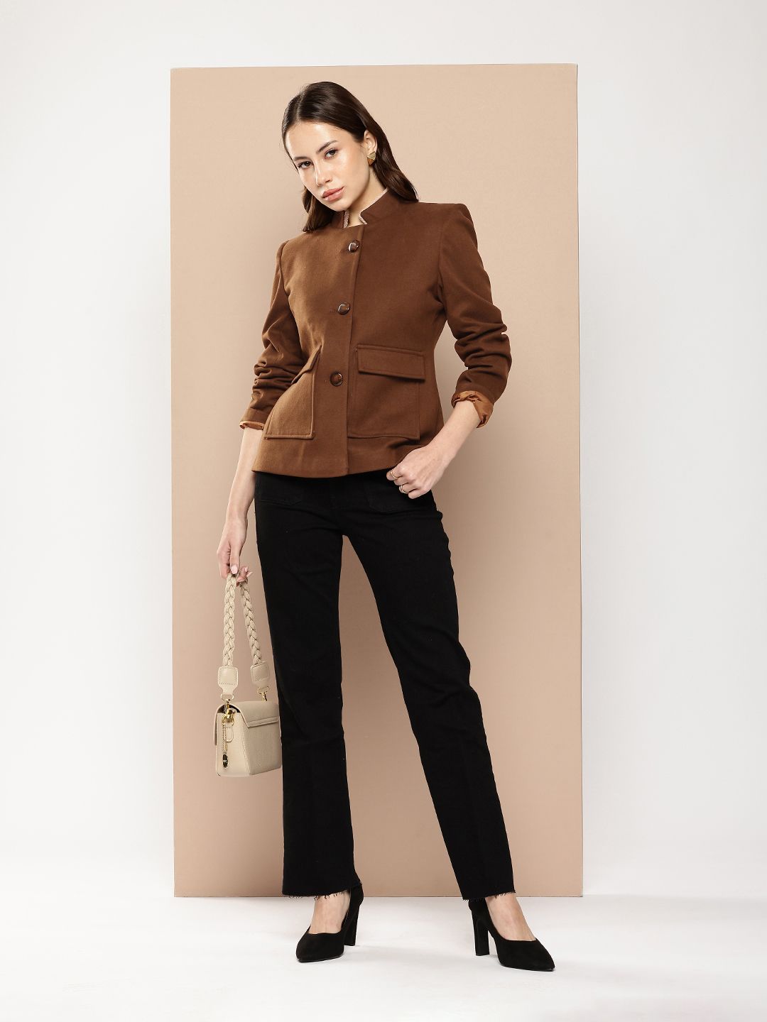 her by invictus Mandarin Collar Crop Overcoat