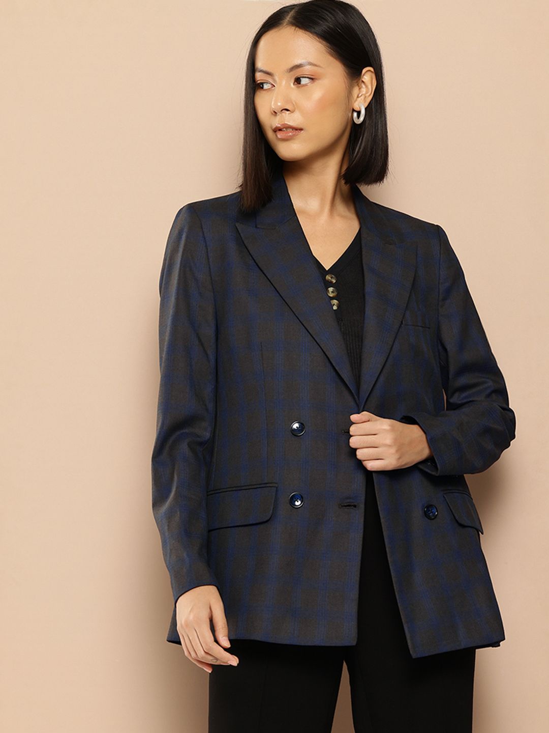 her by invictus Checked Relaxed Fit Double Breasted Blazer-picture-42