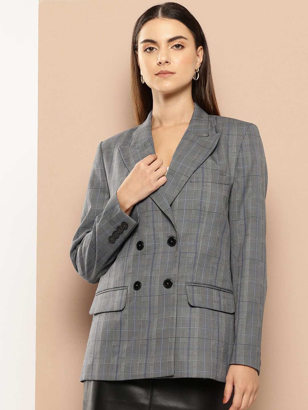 her by invictus Checked Peaked Lapel Double Breasted Longline Blazer-picture-36
