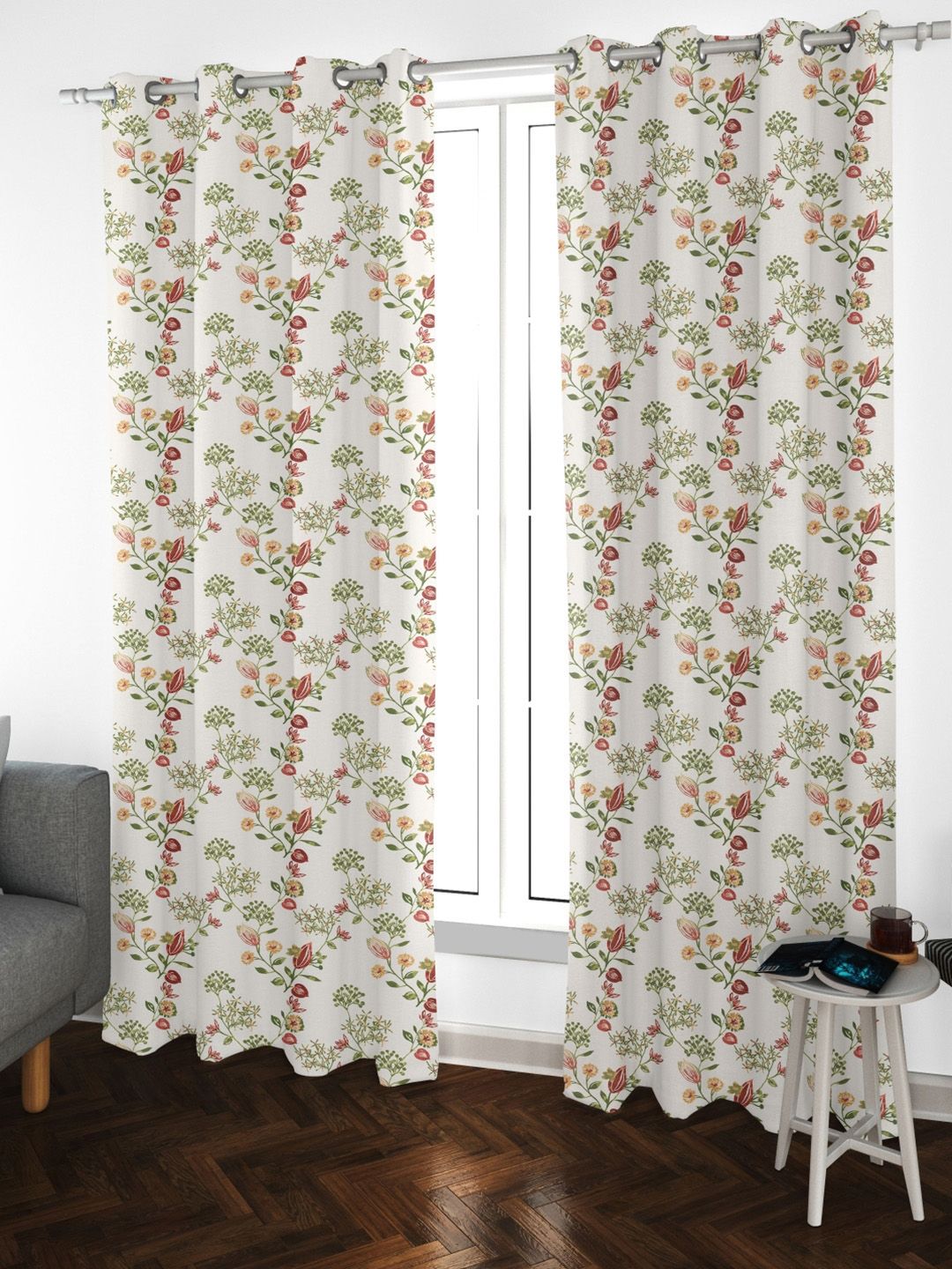 URBAN SPACE Pack of 2 White & Red Floral Printed Room Darkening Long Door Curtain-picture-23