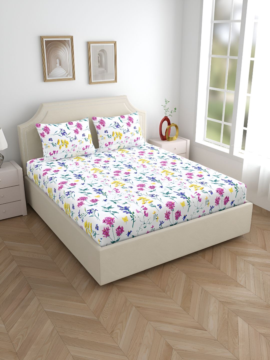 Home Ecstasy White & Blue Floral 140 TC Cotton Queen Bedsheet with 2 Pillow Covers-picture-20