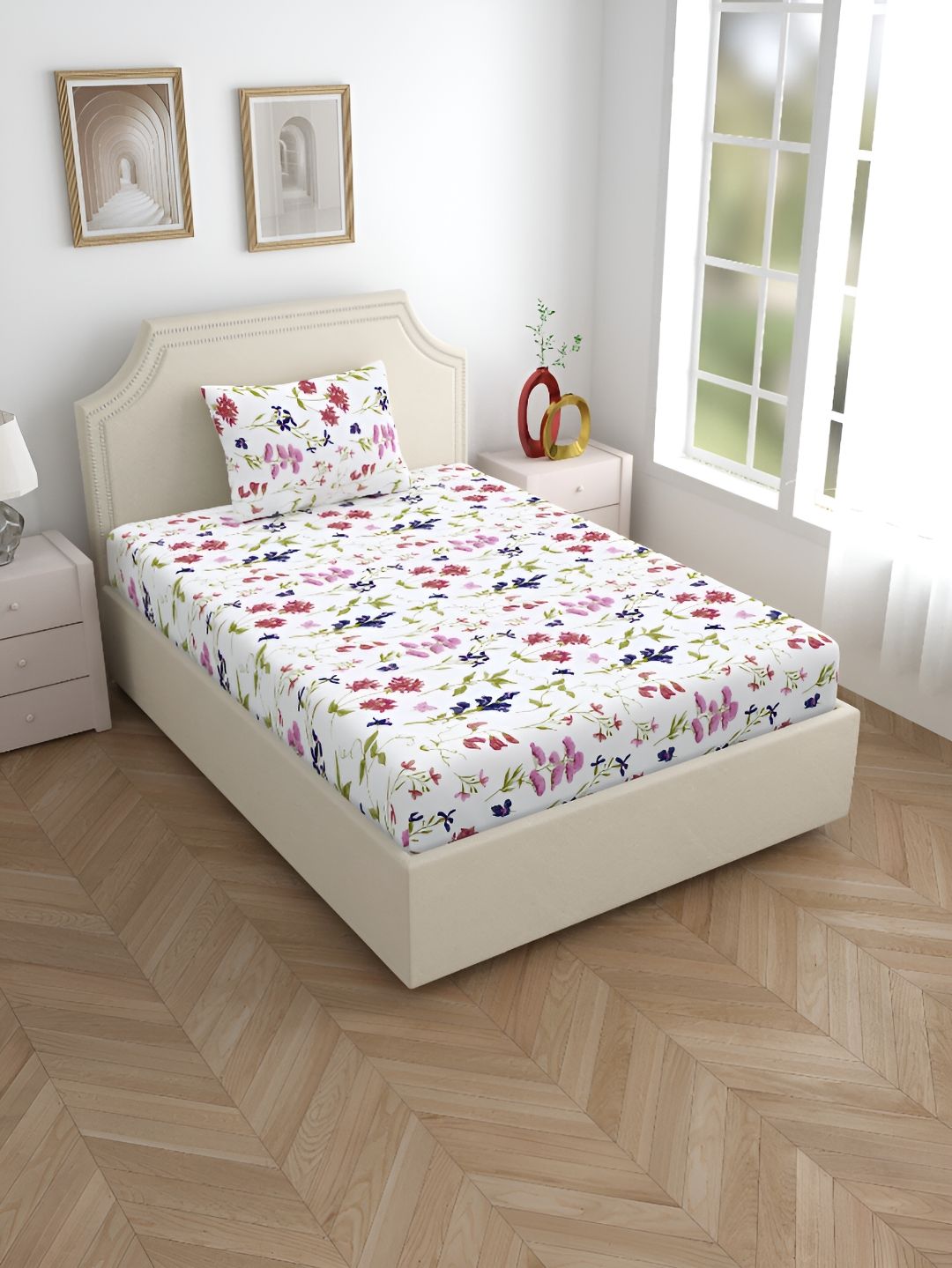 Home Ecstasy White & Blue Floral 140 TC Cotton Single Bedsheet with 1 Pillow Covers-picture-11