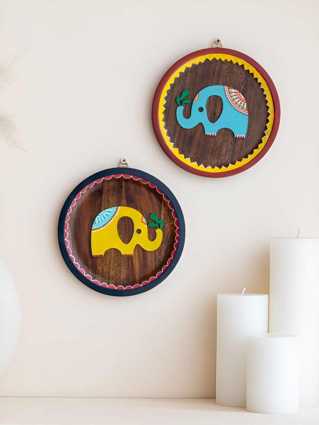 Mirai Woods Coffee Brown & Yellow 2 Pieces Wooden Hanging Wall Plates-picture-48