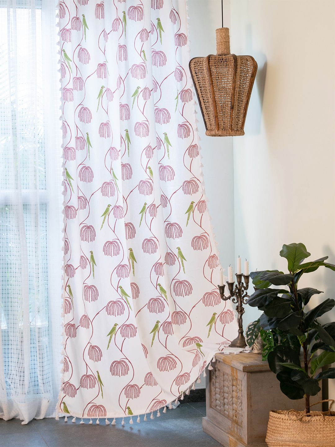 Tranquebar Home Green & Pink Floral Printed Room Darkening Cotton Window Curtain-picture-38