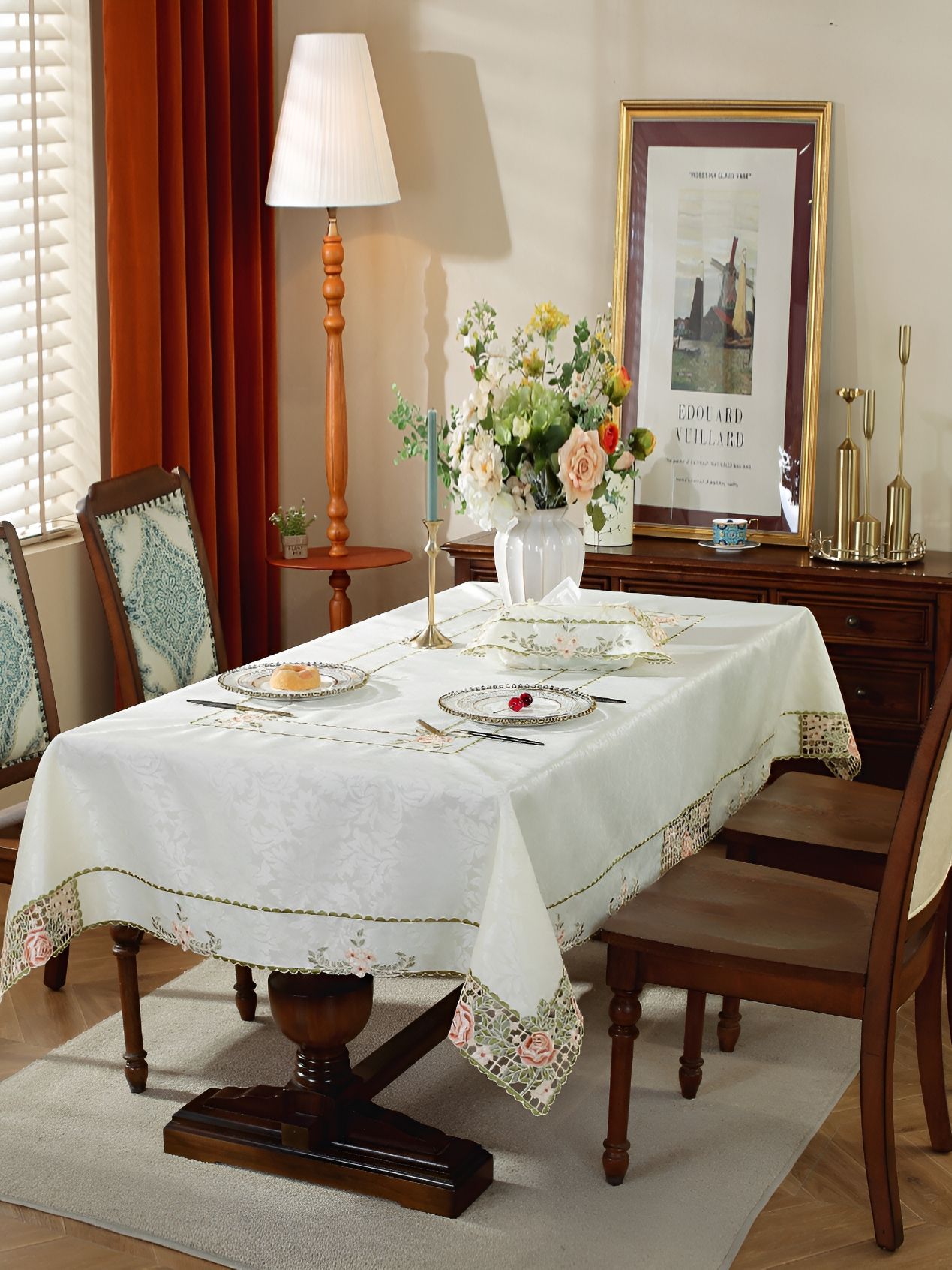 MONKDECOR Peach & White Floral Embroidered Satin Table Cover-picture-37