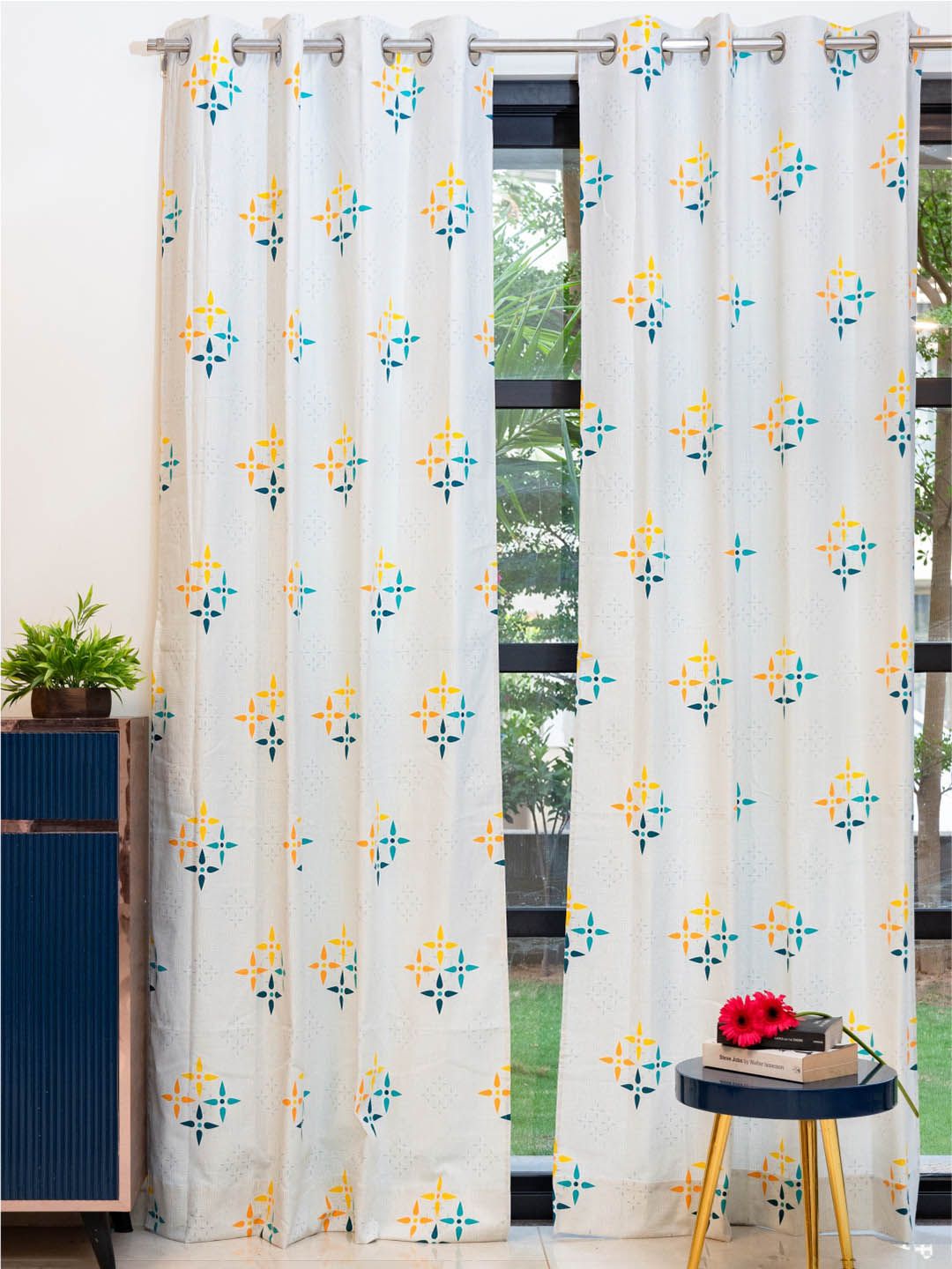 URBAN SPACE White & Yellow 2 Pieces Floral Printed Window Curtains-picture-23