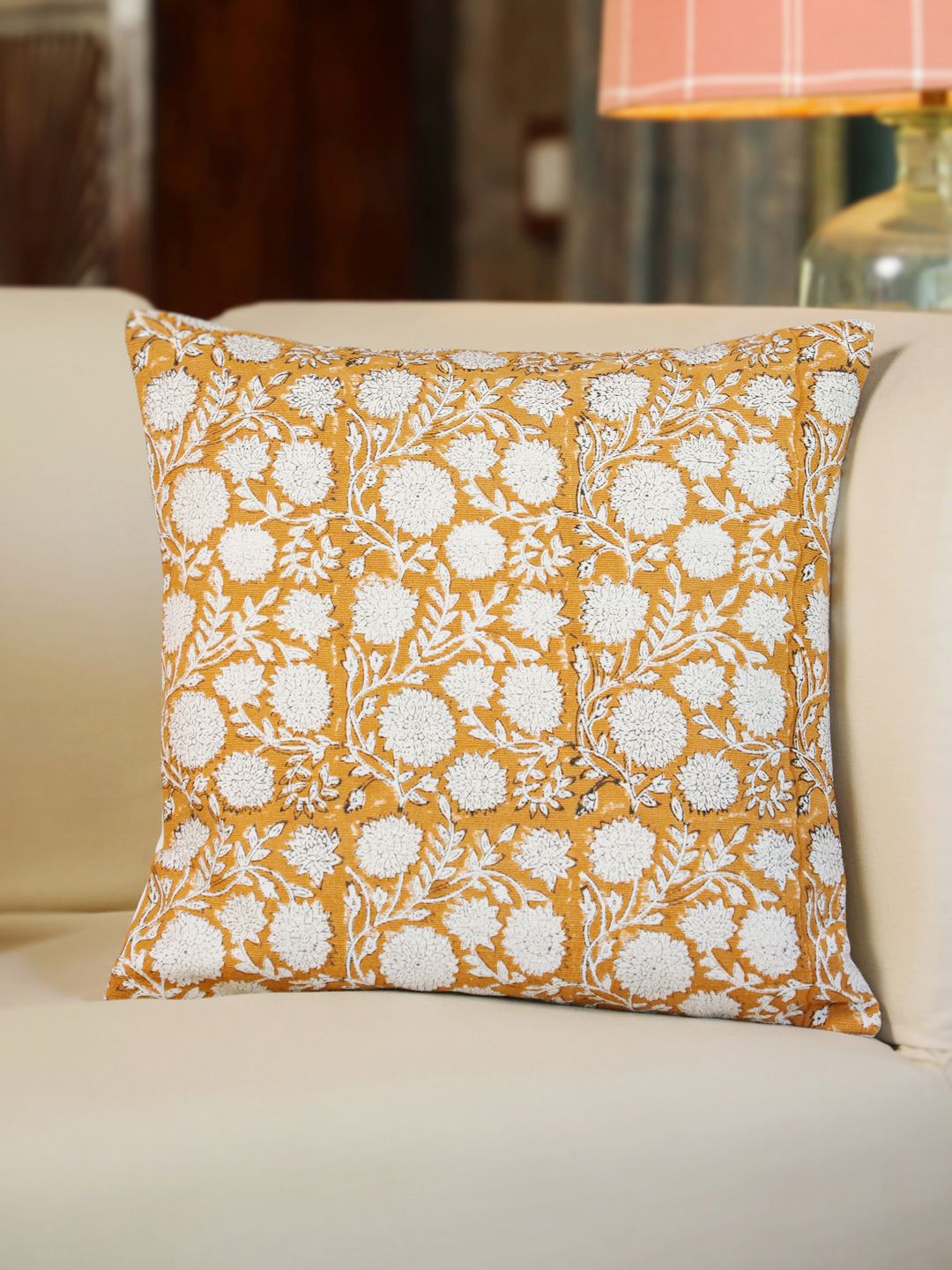 Aura Off White & Orange Floral Cotton Square Cushion Cover-picture-35