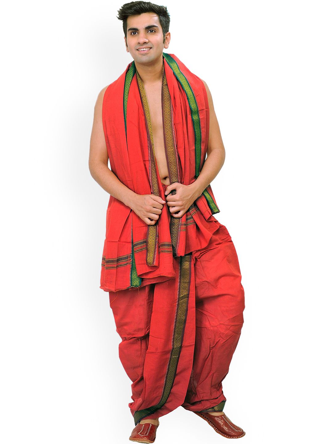 Exotic India Men Ready to Wear Cotton Dhoti and Angavastram Set with Woven Temple Border-picture-42