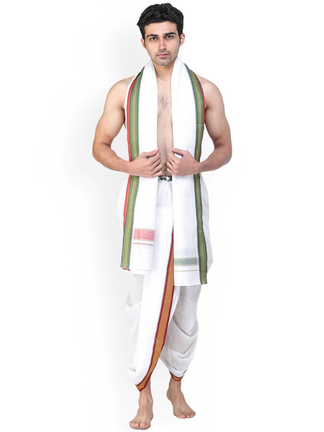 Exotic India Star White Ready to Wear Dhoti and Angavastram Set with Woven Temple Border-picture-39