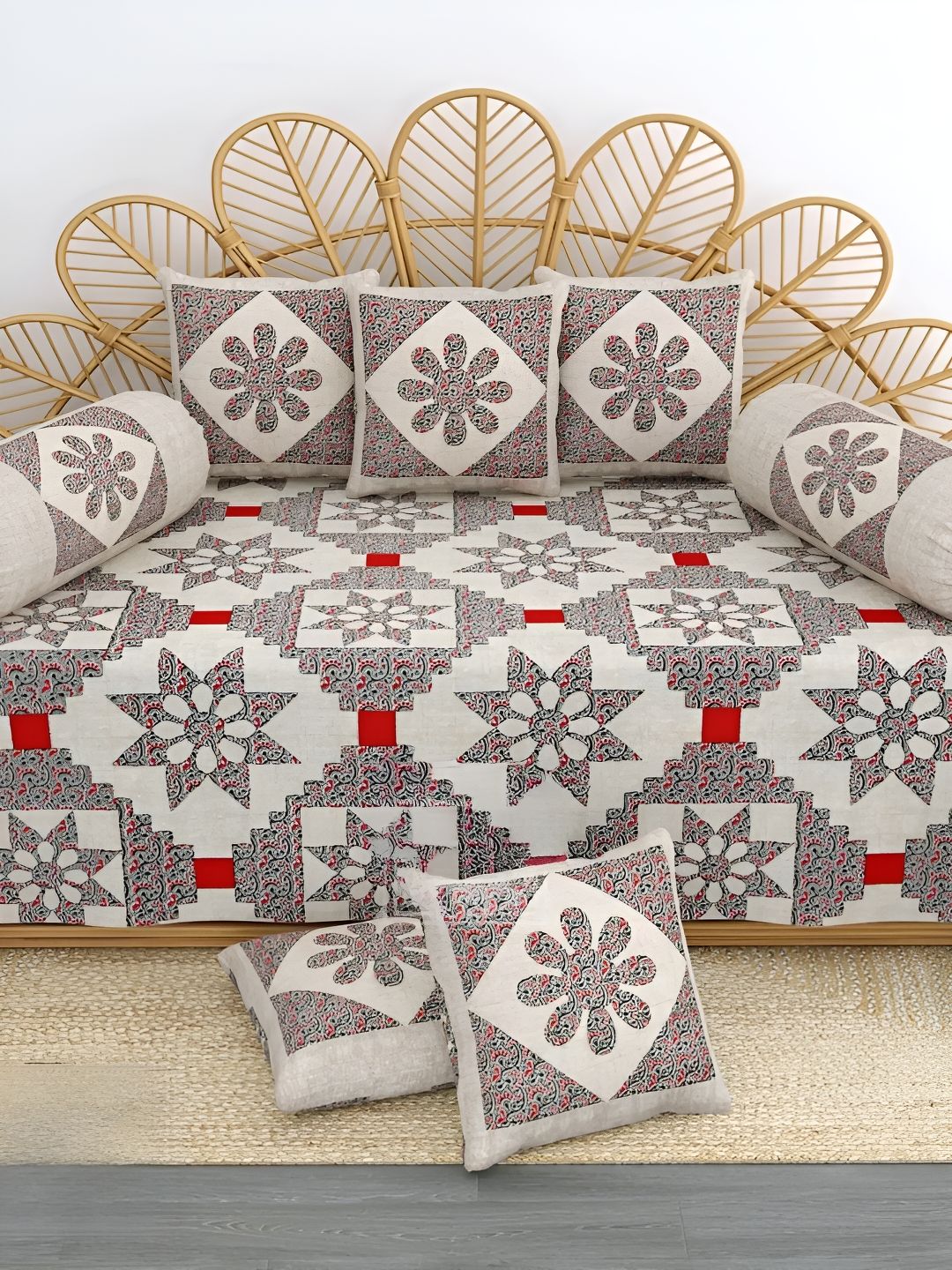LIVING ROOTS White & Grey 8 Pieces Printed Pure Cotton Diwan Set-picture-48