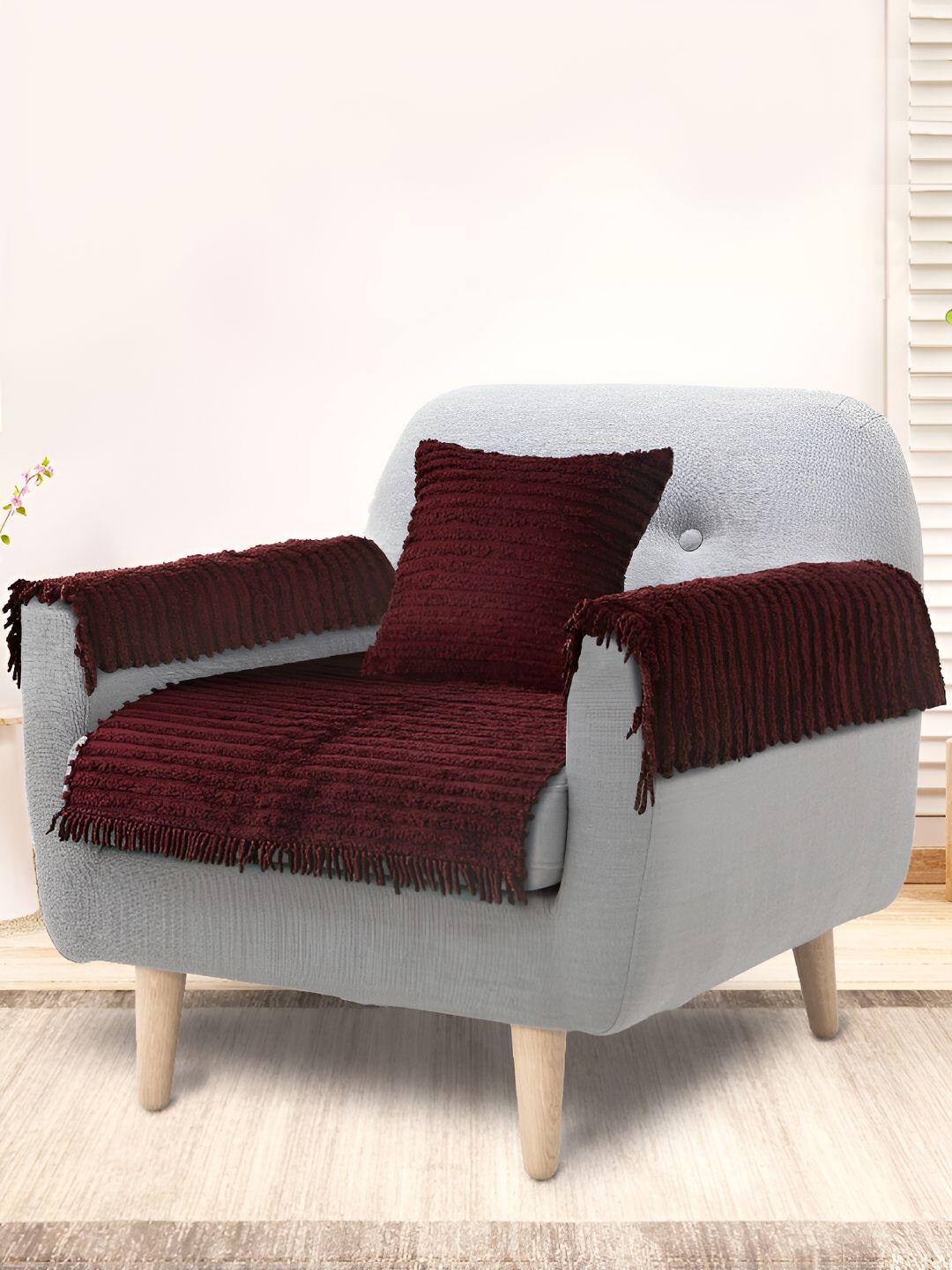 Saral Home Maroon Striped 4 Piece Sofa Cover With Arms-image-47