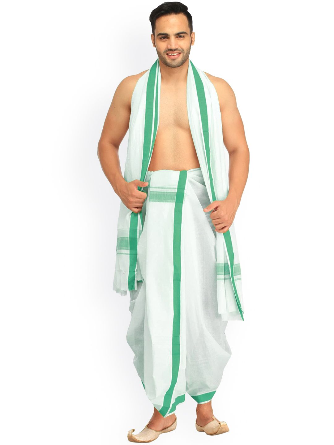 Exotic India Men Mid Rise Cotton Dhoti and Angavastram-picture-37