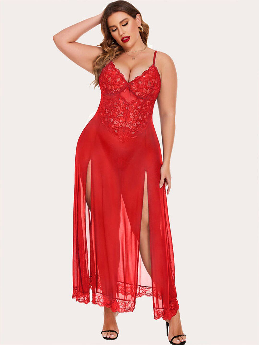 Xivir Plus Size Shoulder Straps Self Design Baby Doll