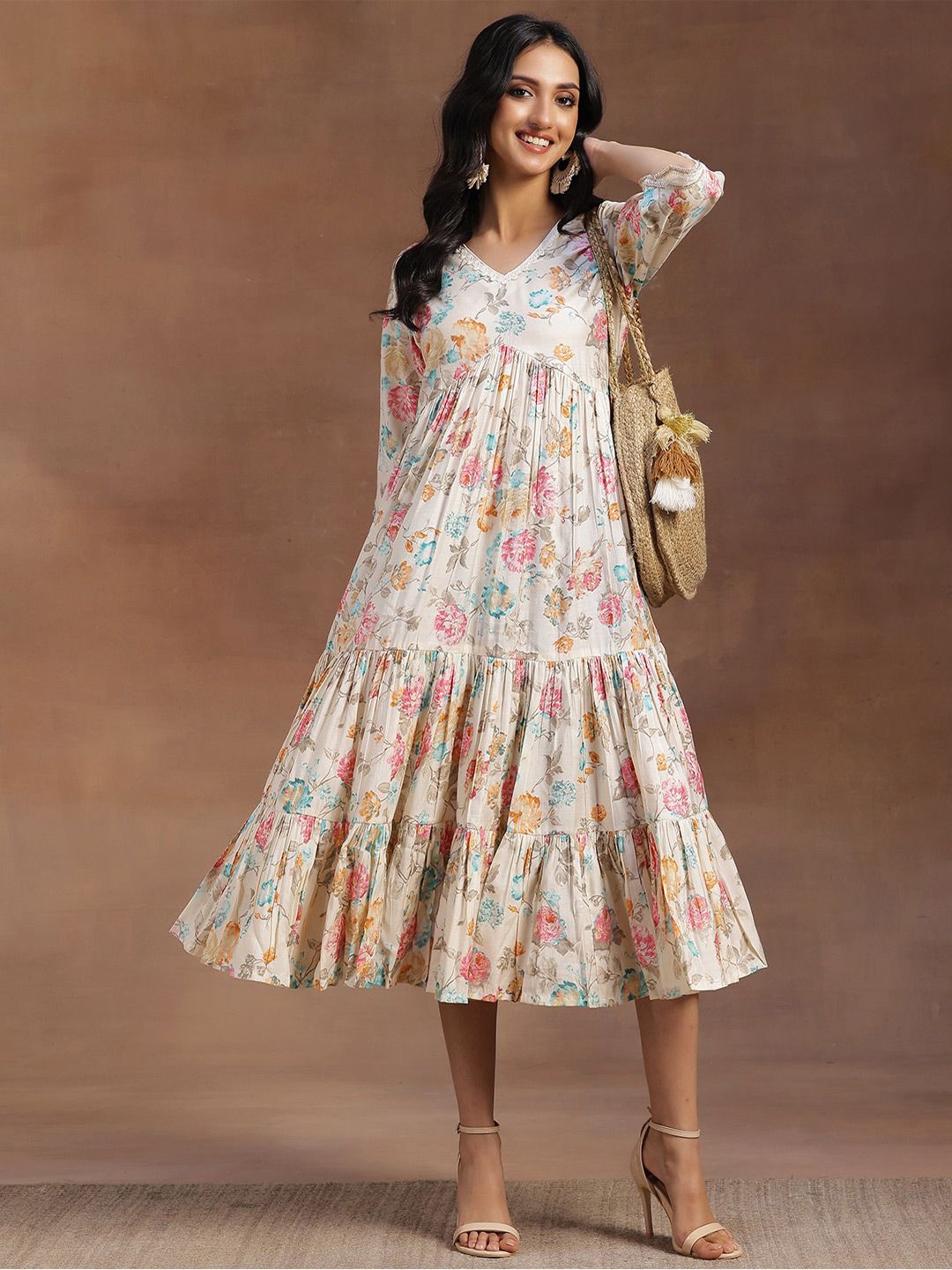 Libas Floral Printed Ruffled A-Line Midi Dress