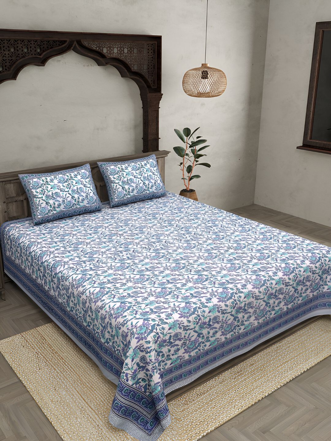 JAIPUR FABRIC White & Blue Floral Cotton 120 TC King Bedsheet with 2 Pillow Covers-picture-51