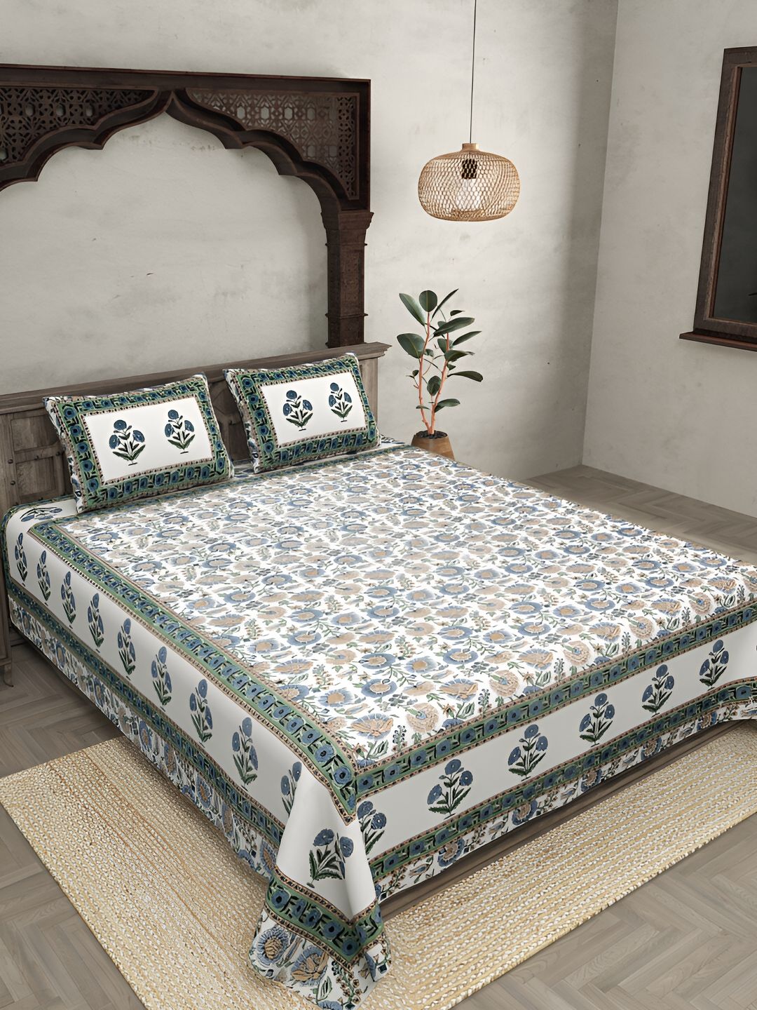 JAIPUR FABRIC White & Blue Floral 210 TC Cotton King Bedsheet With 2 Pillow Covers-image-27