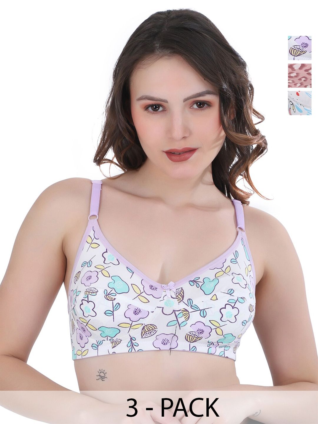 Docare Pack Of 3 Floral Printed Full Coverage Non Padded Everyday Bra- All Day Comfort