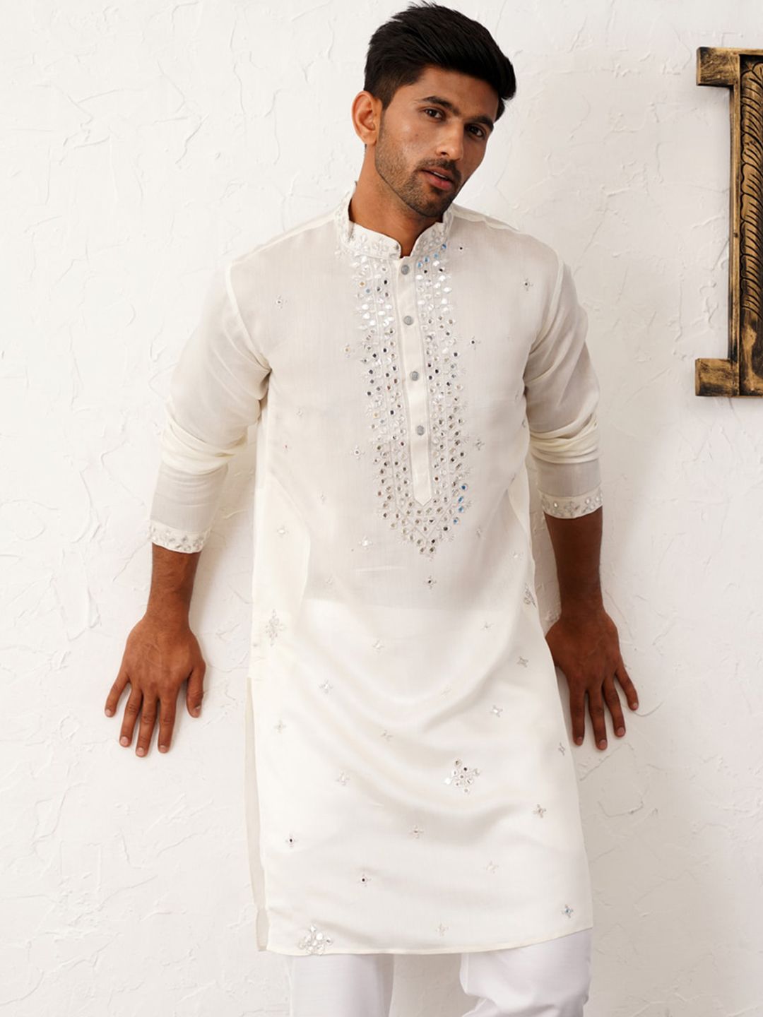 Jompers Embroidered Mandarin Collar Mirror Work Straight Kurta with Pyjamas-picture-30