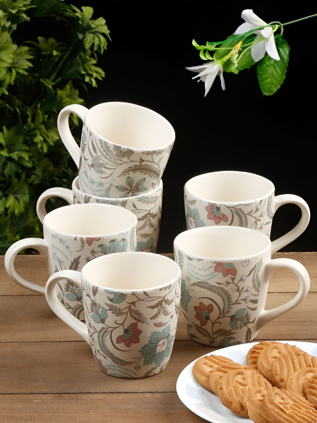 Arrabi White & Blue 6 Pcs Handcrafted Printed Ceramic Stoneware Matte Cups-image-29