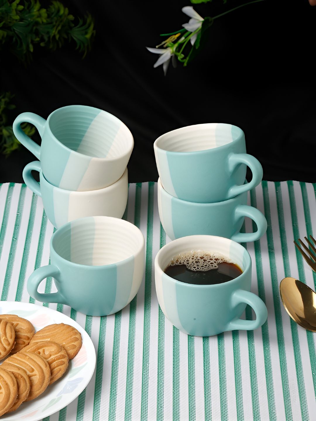 Arrabi Turquoise Blue & White 6 Pcs Handcrafted Printed Ceramic Stoneware Matte Cups-image-46