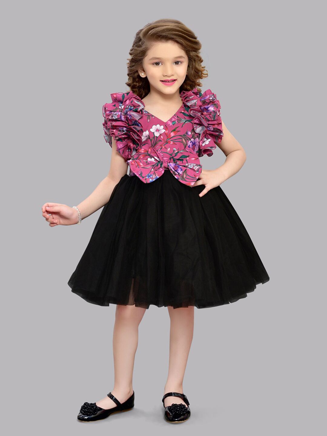 Pink Chick Girls Floral Print Net Bow Fit & Flare Dress-picture-0