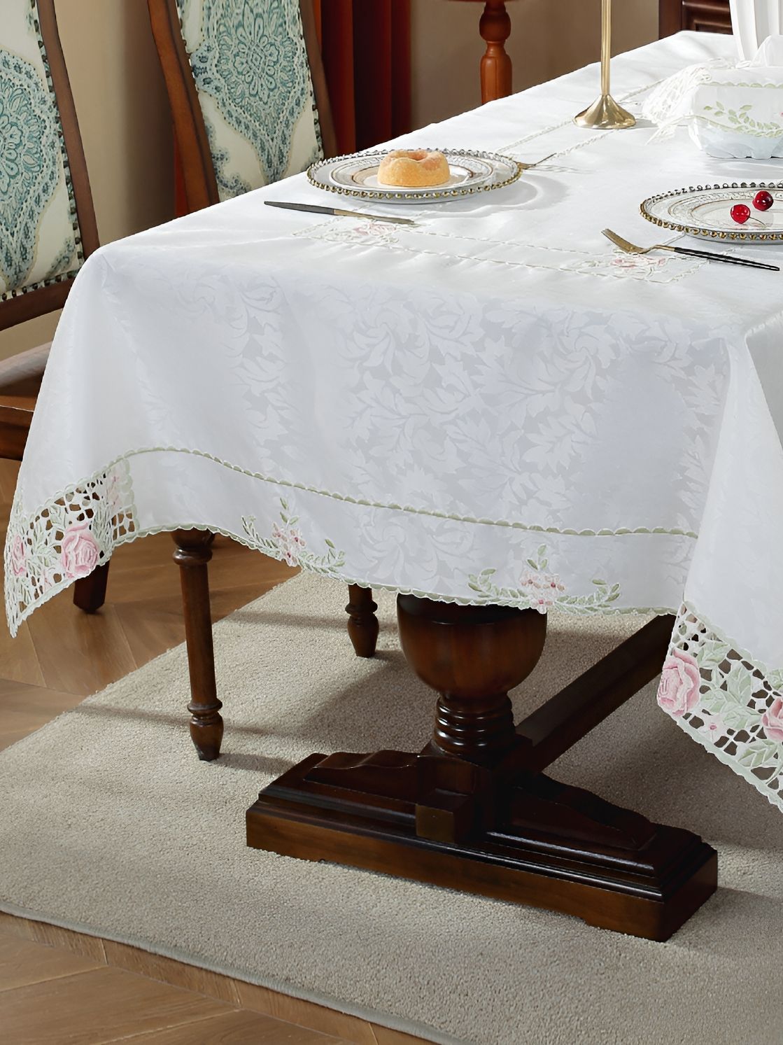 TANLOOMS White & Pink Floral Embroidered Rectangle Table Cover-picture-21
