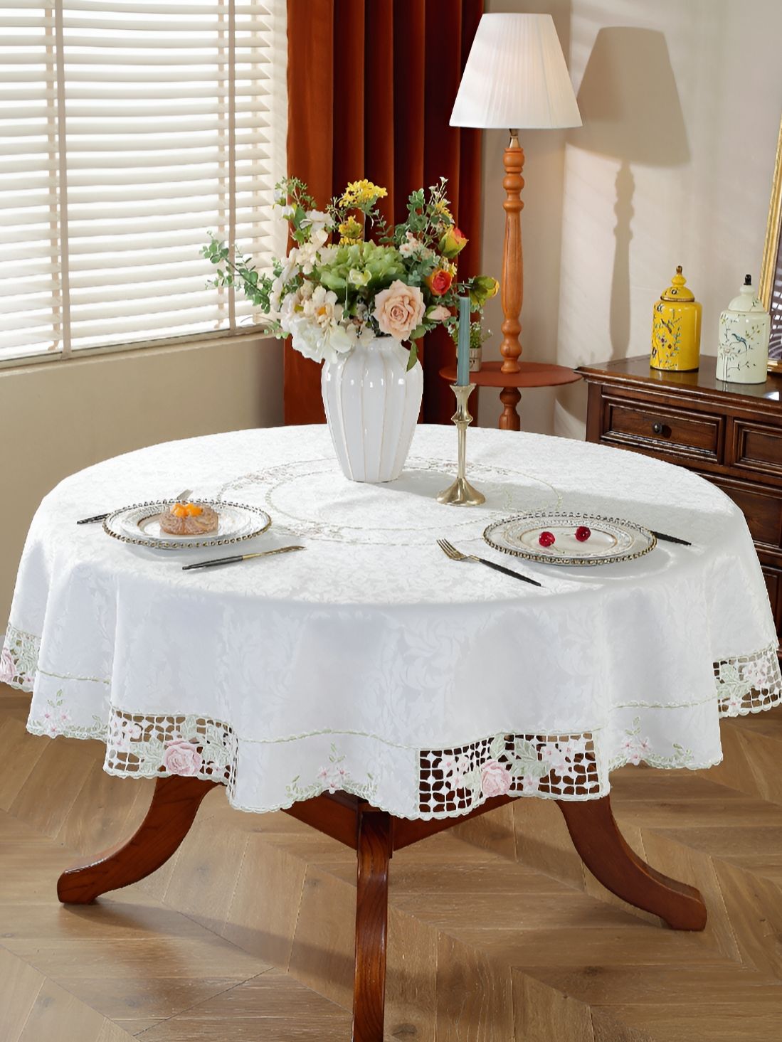 TANLOOMS White & Pink Floral Embroidered Anti-Skid Round Table Cover-picture-34