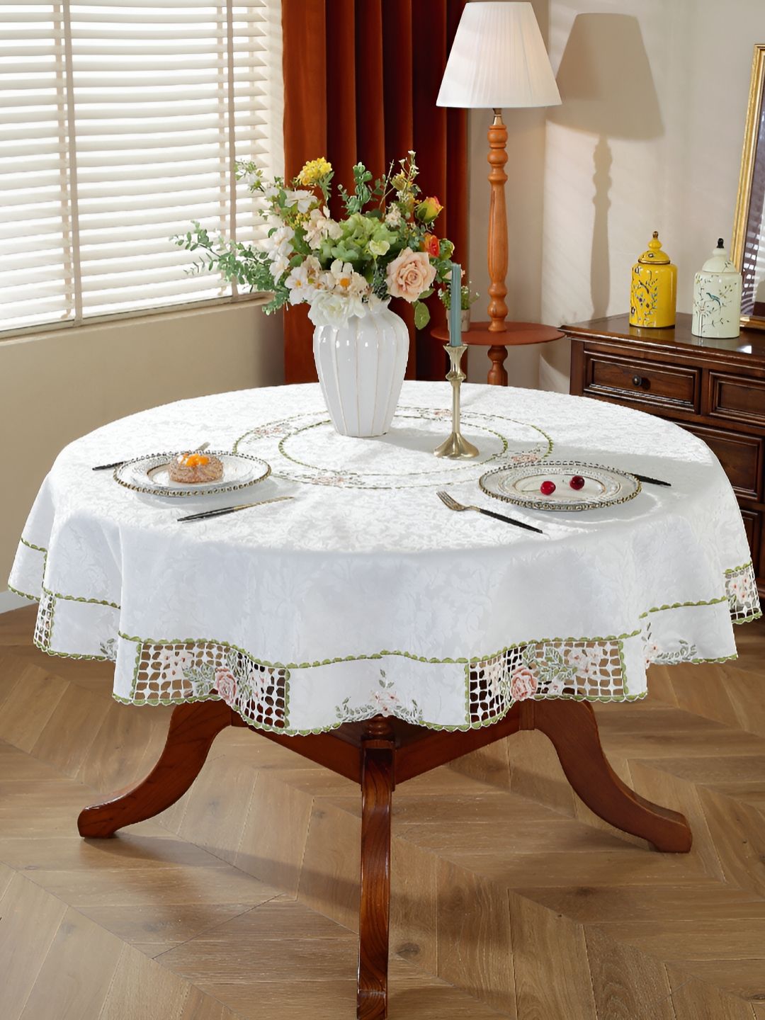 TANLOOMS White & Peach Floral Embroidered Round Table Cover-picture-32