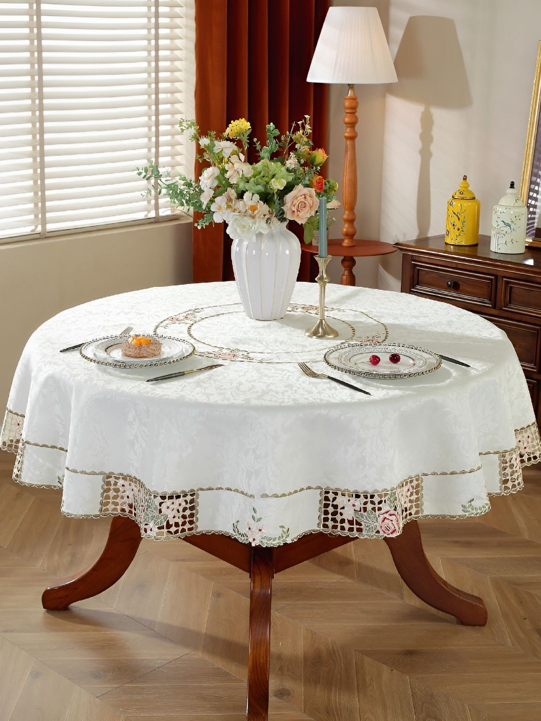 TANLOOMS White & Maroon Floral Embroidered Round Table Cover-picture-31