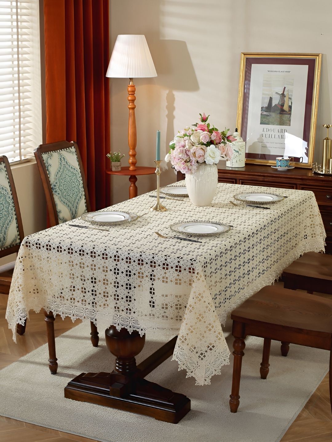 TANLOOMS Gold-Toned Floral Anti-Slip 8-Seater Table Cover with Embroidered details-image-35