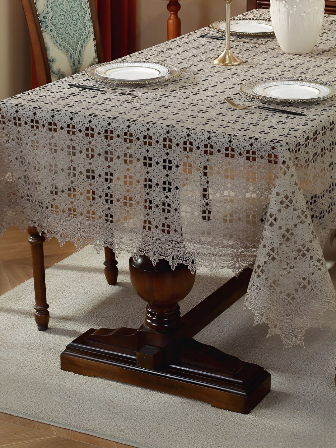 TANLOOMS Brown Floral Anti-Slip 2-Seater Table Cover with Embroidered details-picture-9
