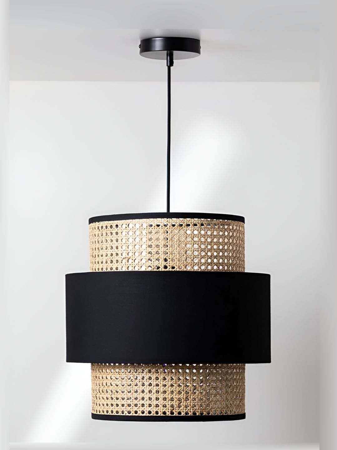 akway Black & Beige Textured Wooden Cylindrical  Shaped Ceiling Lamp-image-36