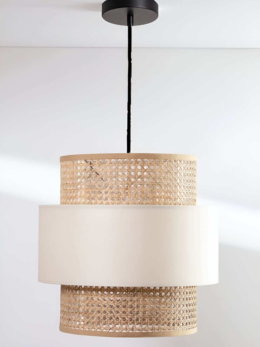 akway Beige & White Textured Wooden Cylindrical  Shaped Ceiling Lamp-image-35