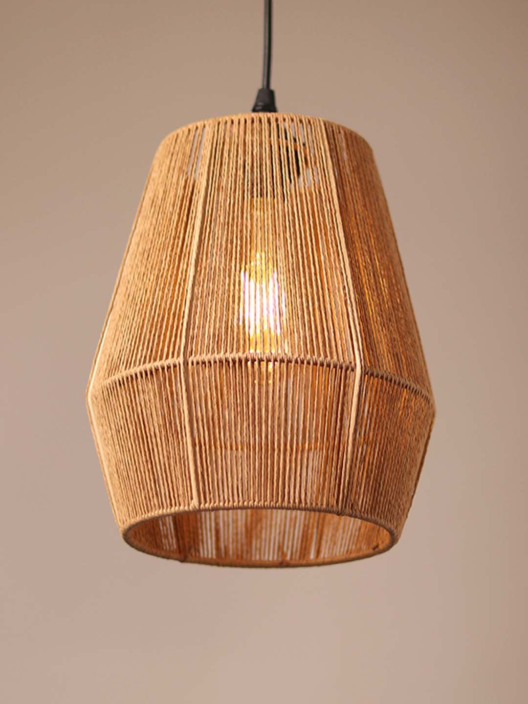 HABERE INDIA Beige Wooden Textured Ceiling Lamp