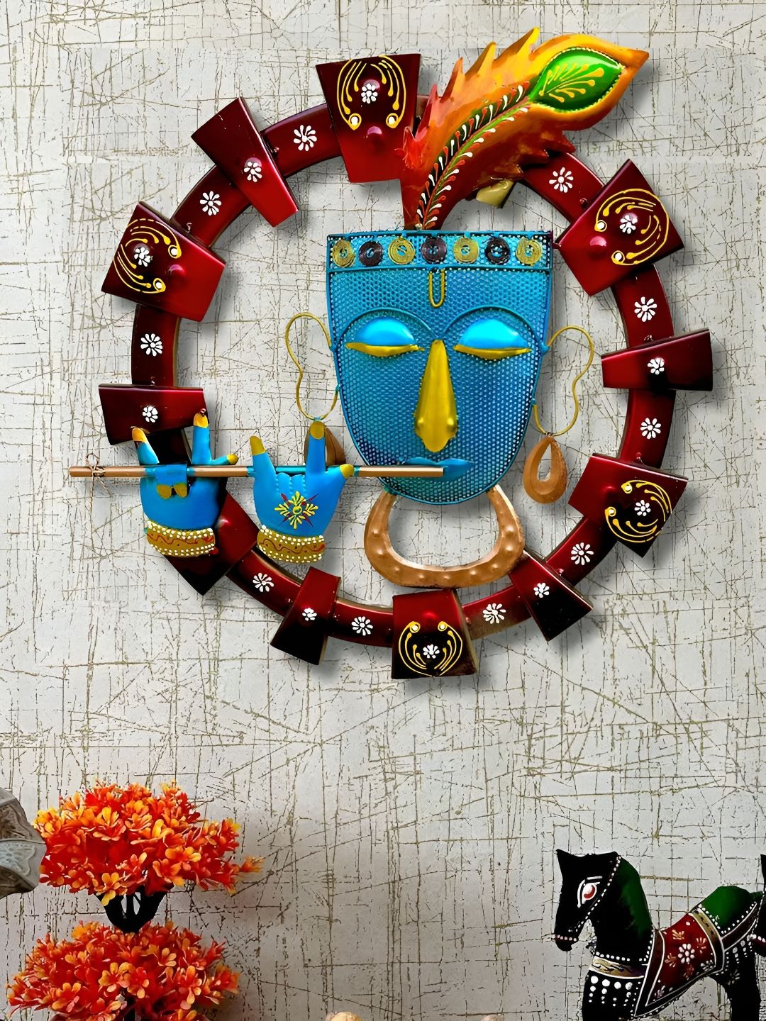 ANSHIKA INTERNATIONAL Blue & Brown Krishna Playing With Bansuri Metal Wall Hanging Decor