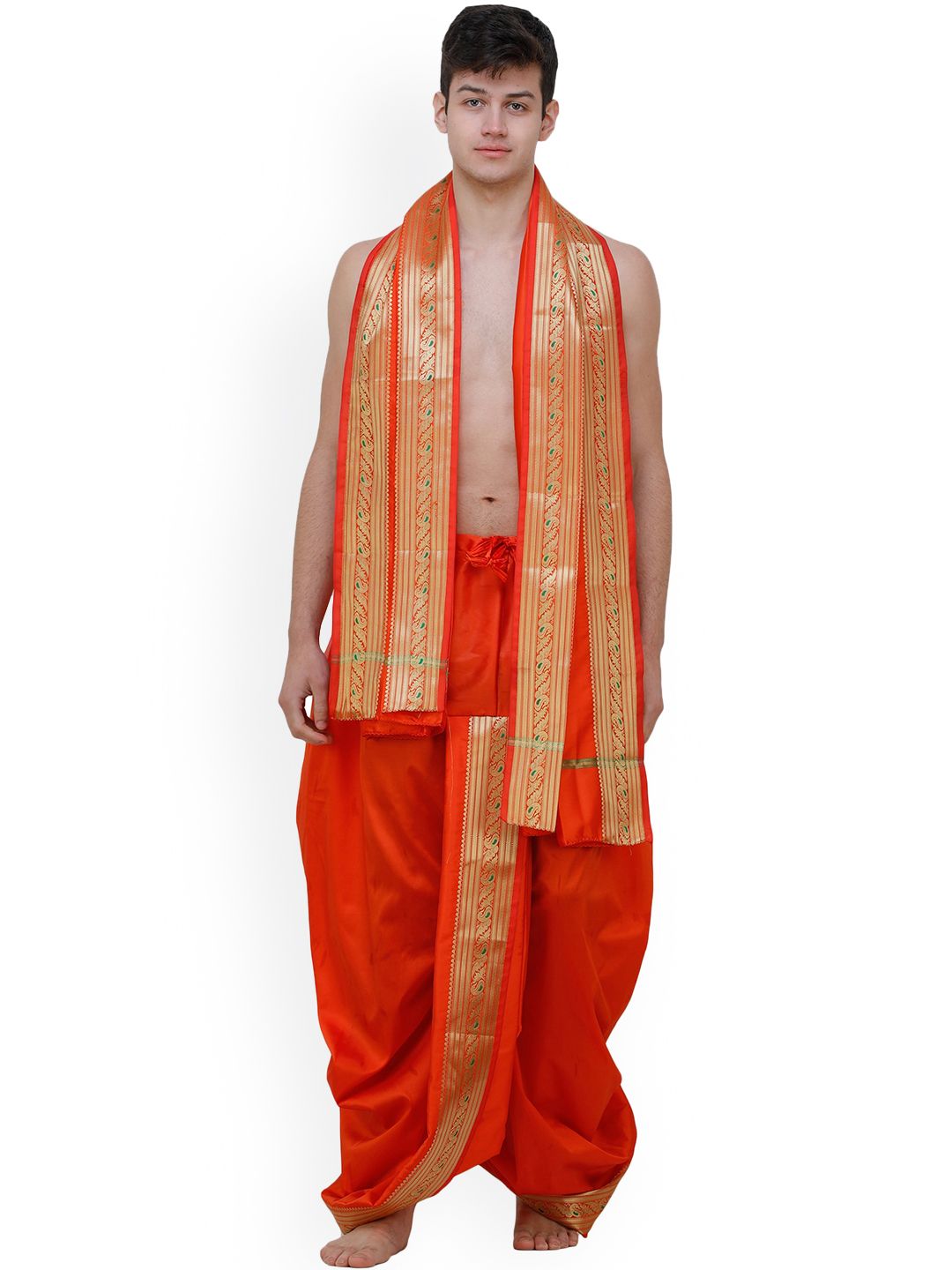 Exotic India Ready to Wear Dhoti with Angavastram Set and Meenakari Woven Golden Border-picture-11