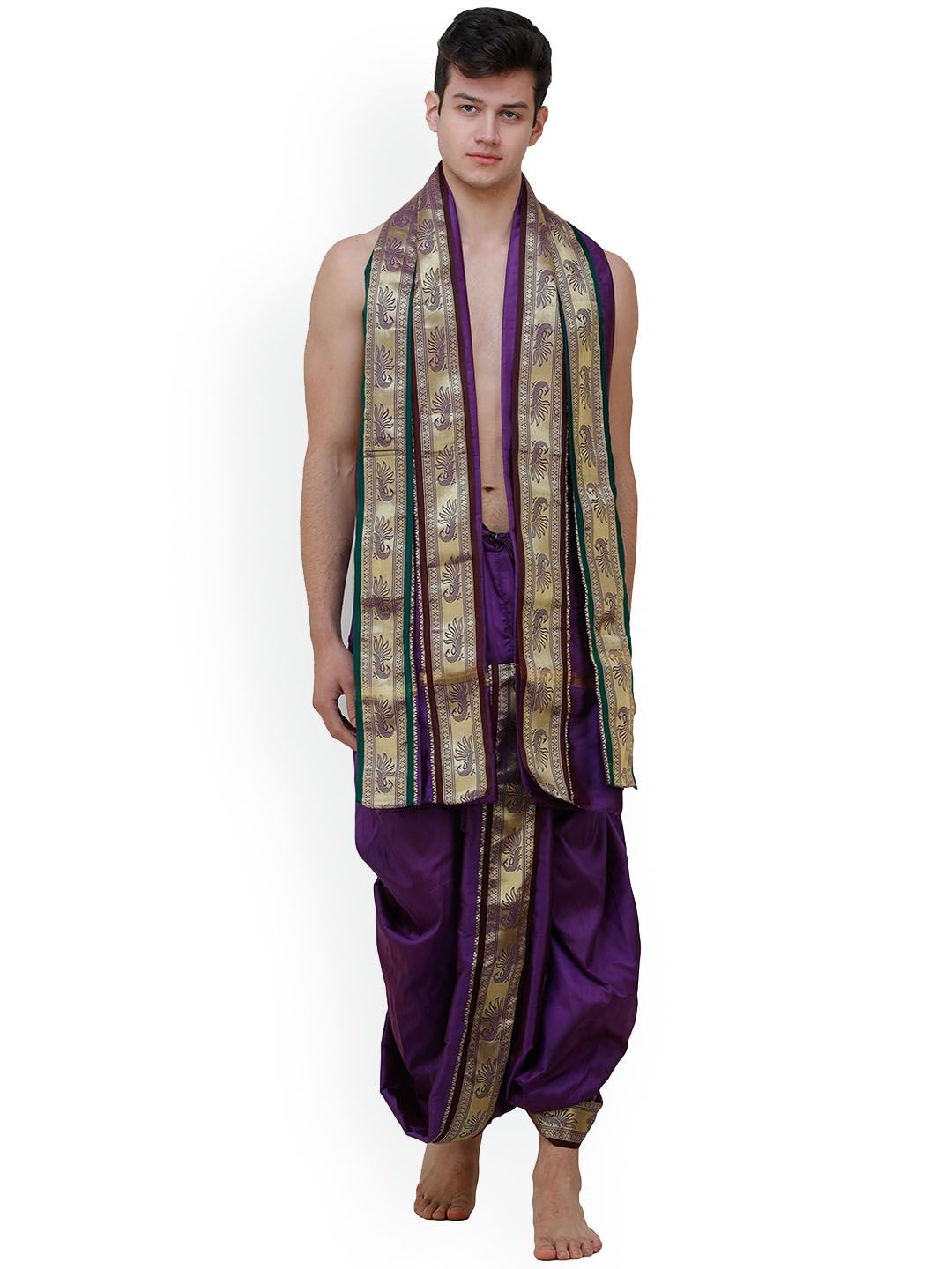 Exotic India Woven Design Art Silk Ready To Wear Dhoti Pant & Angavastram-picture-14