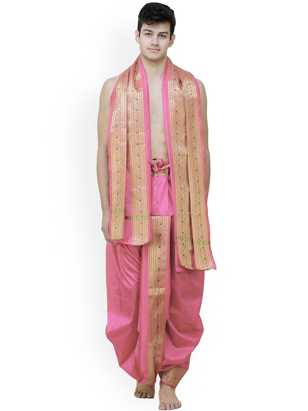 Exotic India Woven Design Art Silk Ready To Wear Dhoti Pant & Angavastram-picture-11