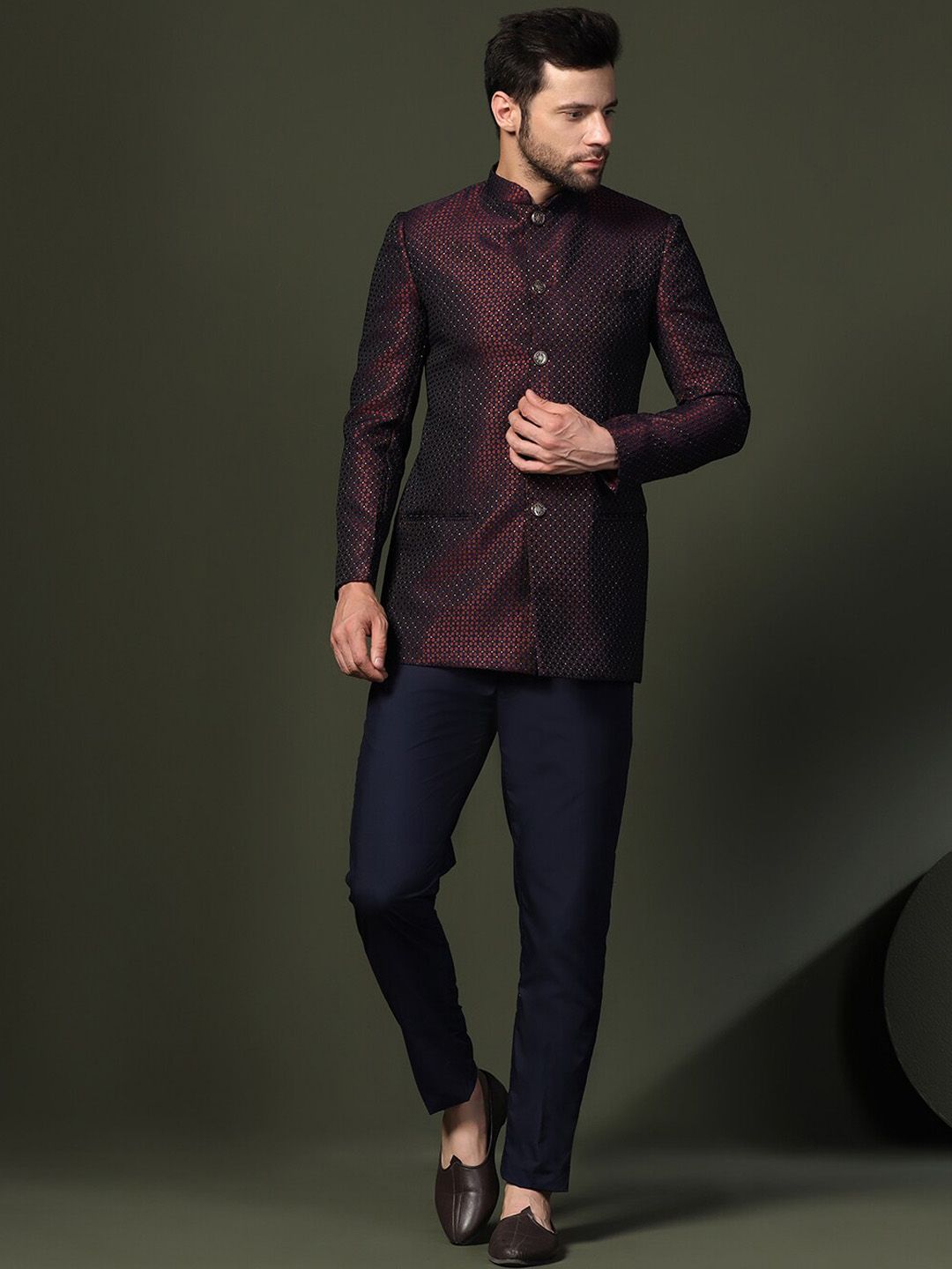 KISAH Men Self Design Jodhpuri Slim Fit Bandhgala Blazer Suit