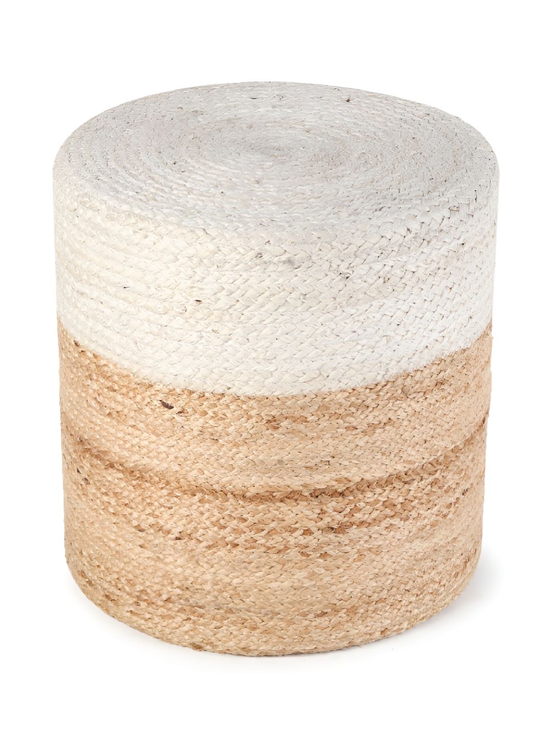 HABERE INDIA White & Beige Colourblocked Handwoven Jute Round Pouff Ottoman-picture-36