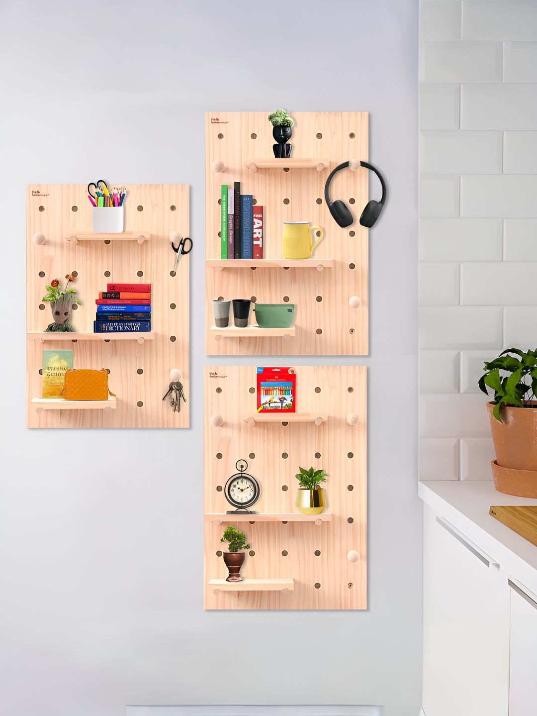 The Better Home Brown 3 Pieces Wooden Multi-Utility Wall Organiser-image-44