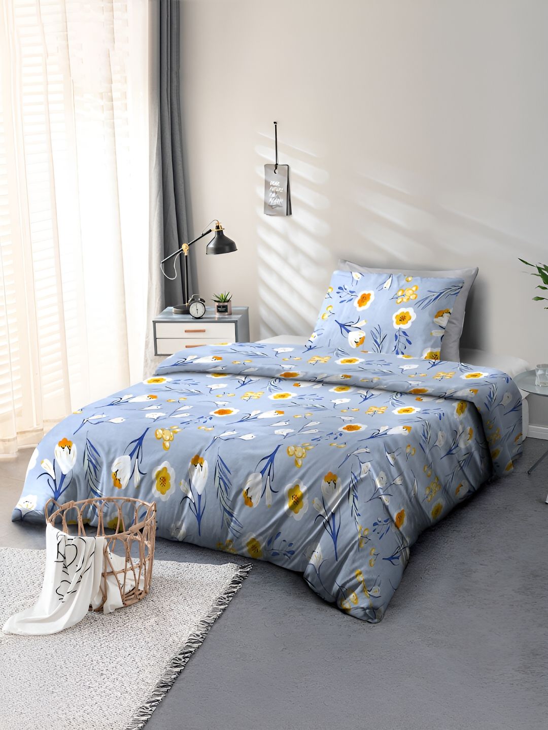 Cortina Blue & White Floral 110 TC Single Bedsheet With 1 Pillow Cover-image-12
