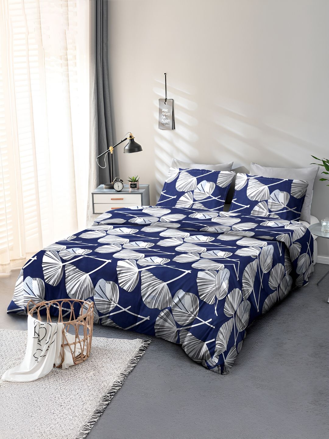 Cortina Navy Blue & White Floral 110 TC Double Queen Bedsheet with 2 Pillow Covers-image-19