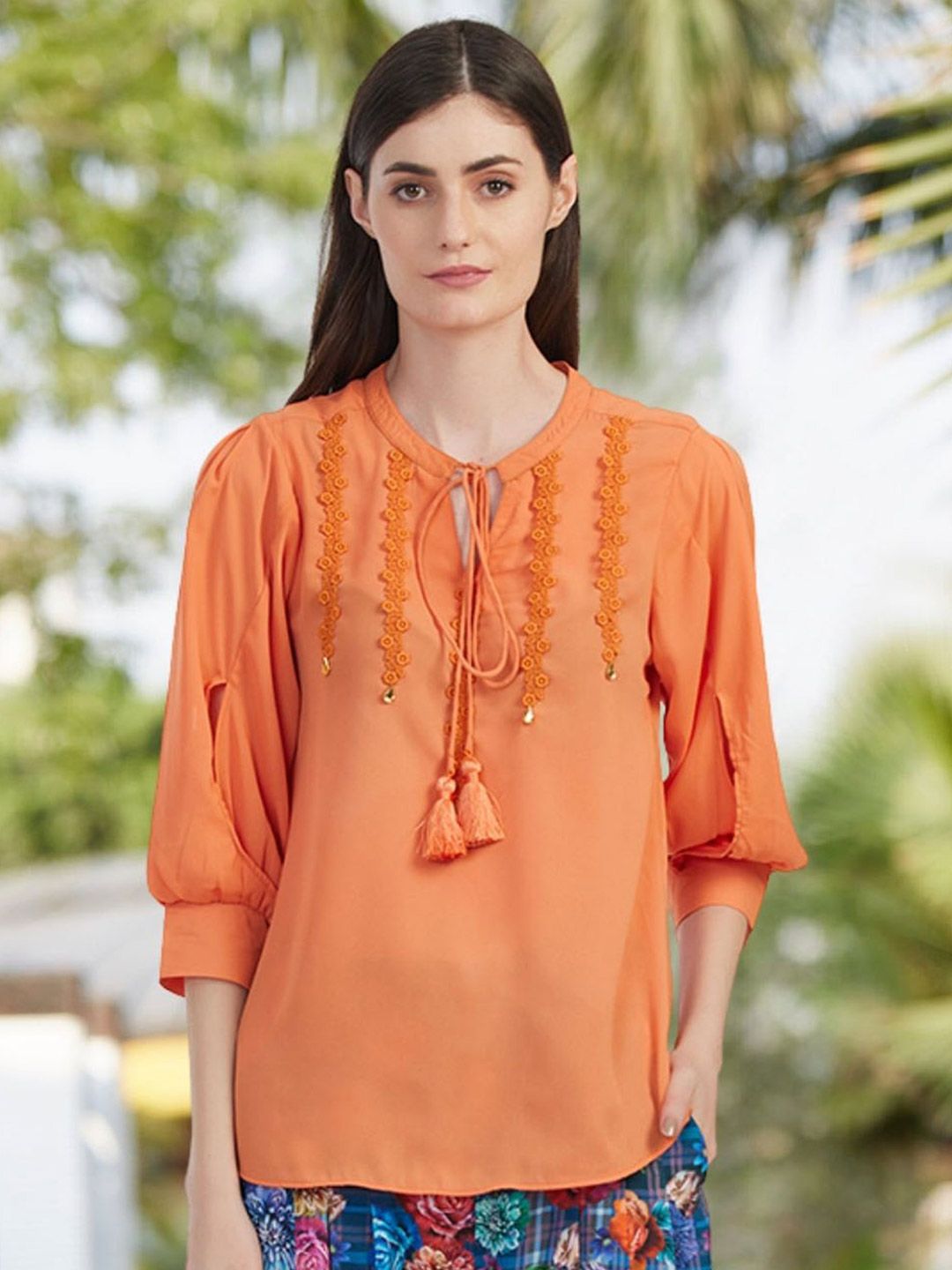 Moda Elementi Tie-Up Neck Lace Work Regular Top-picture-28